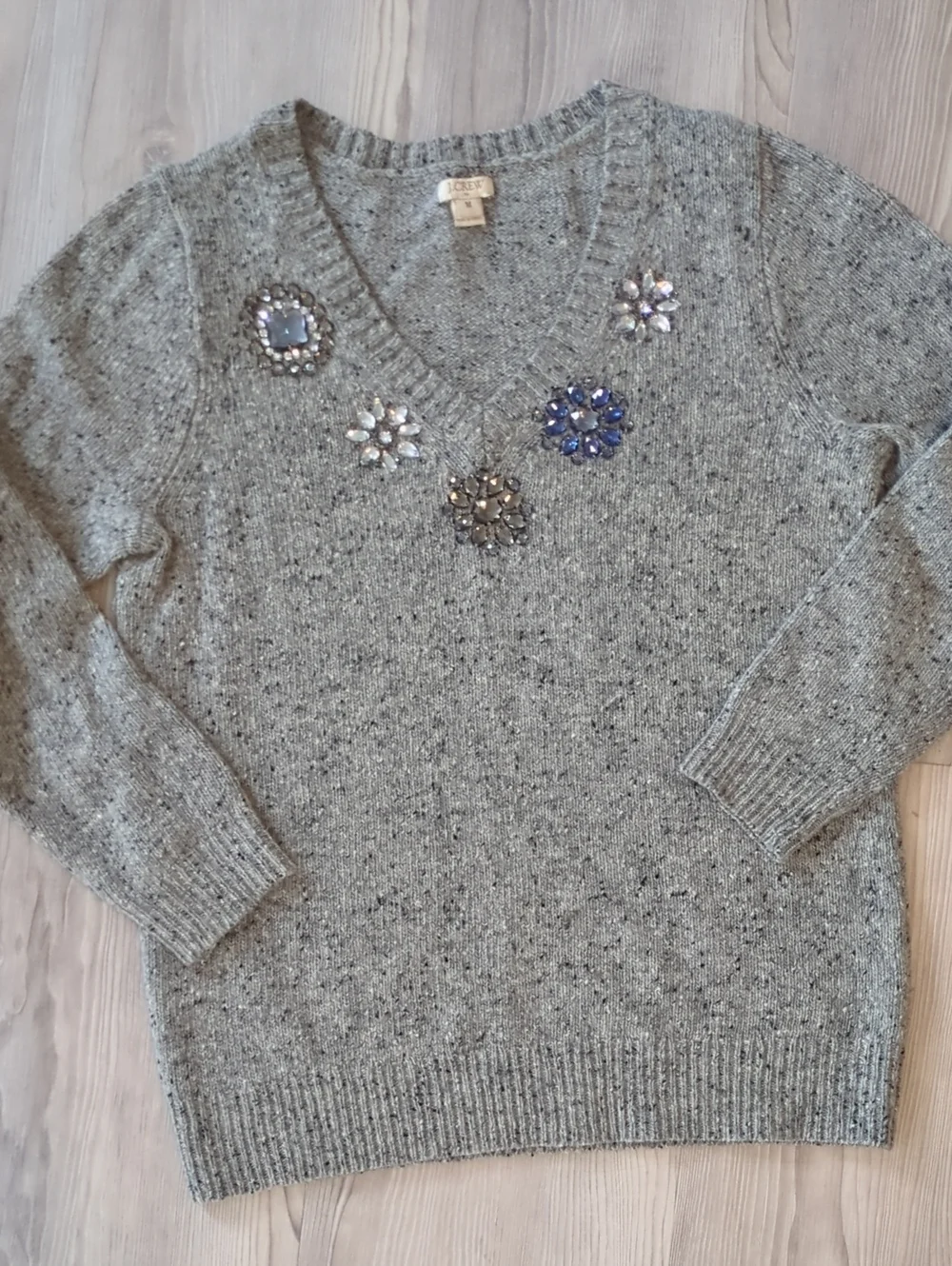 J.Crew Jeweled Lambswool Sweater M Gray Donegal V Neck Rhinestone Holiday B3799